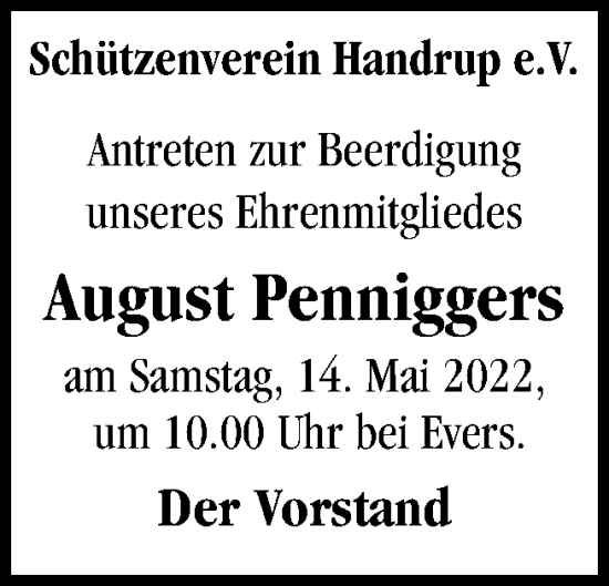 Traueranzeige von August Penniggers von Neue Osnabrücker Zeitung GmbH & Co. KG