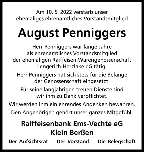 Traueranzeige von August Penniggers von Neue Osnabrücker Zeitung GmbH & Co. KG