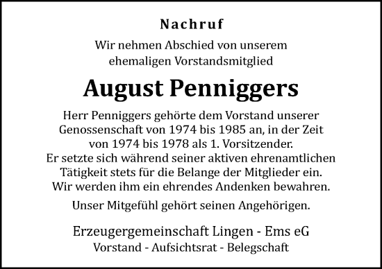 Traueranzeige von August Penniggers von Neue Osnabrücker Zeitung GmbH & Co. KG