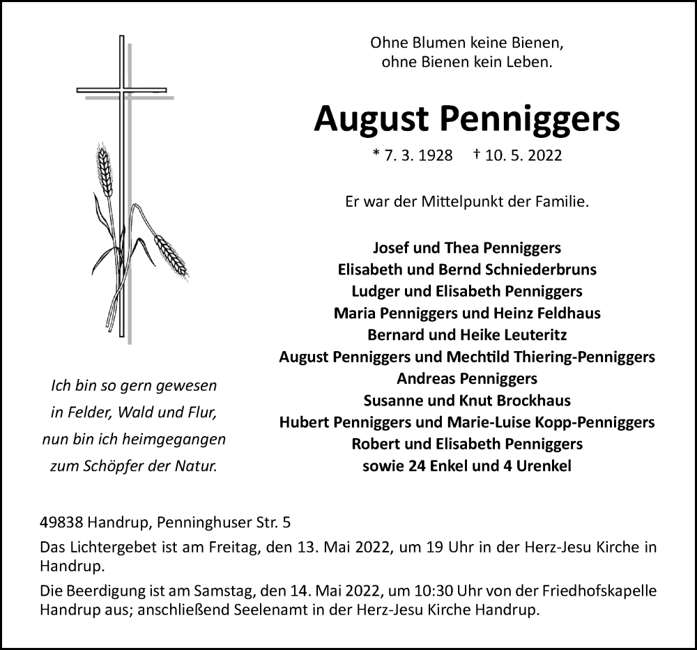 Traueranzeige für August Penniggers vom 13.05.2022 aus Neue Osnabrücker Zeitung GmbH & Co. KG