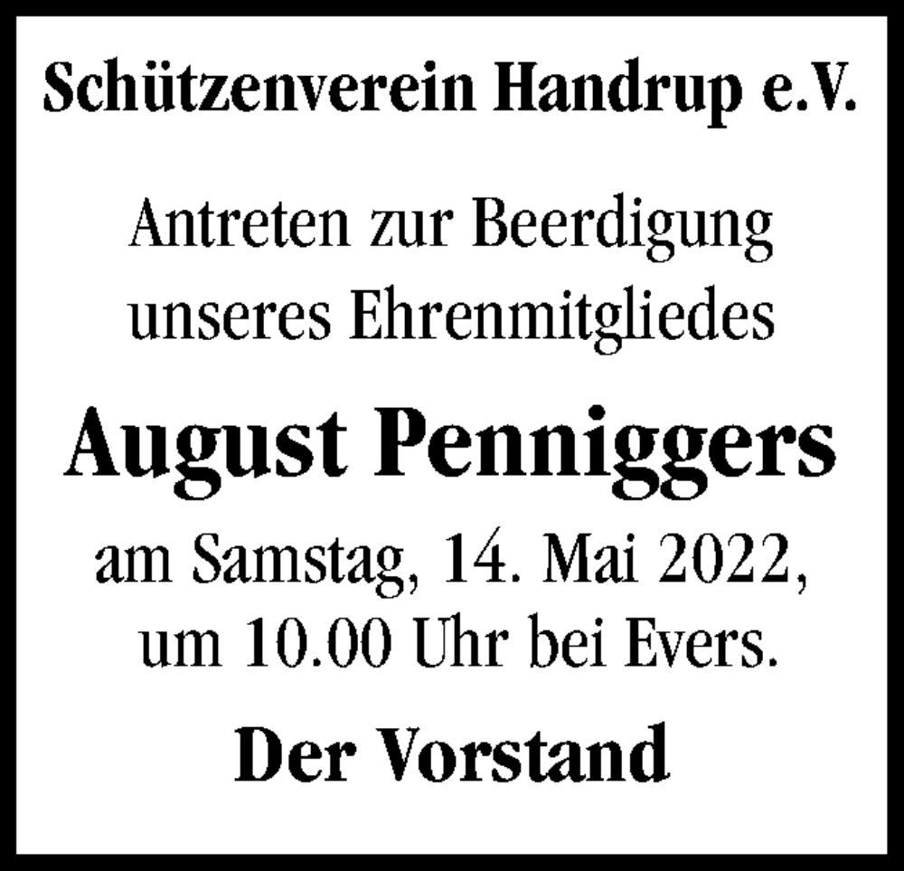  Traueranzeige für August Penniggers vom 14.05.2022 aus Neue Osnabrücker Zeitung GmbH & Co. KG