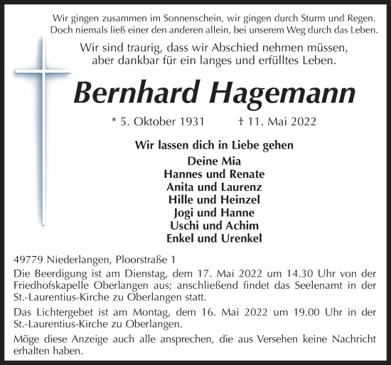 Traueranzeige von Bernhard Hagemann von Neue Osnabrücker Zeitung GmbH & Co. KG