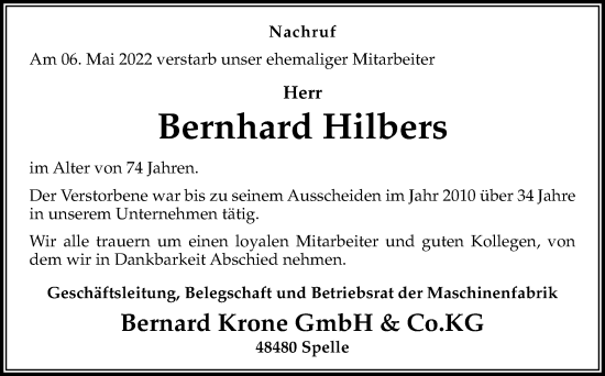 Traueranzeige von Bernhard Hilbers von Neue Osnabrücker Zeitung GmbH & Co. KG