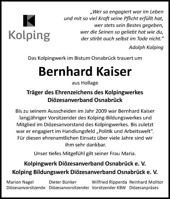 Traueranzeige von Bernhard Kaiser von Neue Osnabrücker Zeitung GmbH & Co. KG