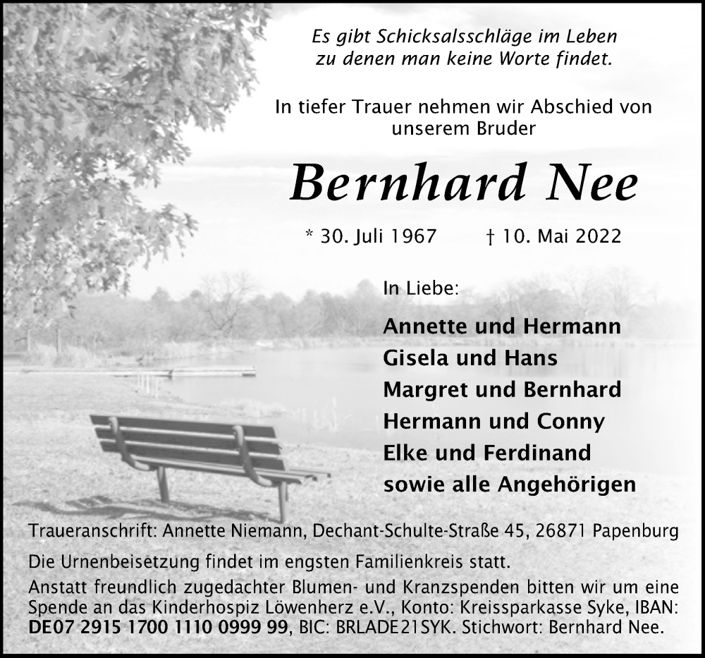  Traueranzeige für Bernhard Nee vom 16.05.2022 aus Neue Osnabrücker Zeitung GmbH & Co. KG