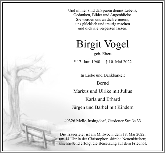 Traueranzeige von Birgit Vogel von Neue Osnabrücker Zeitung GmbH & Co. KG