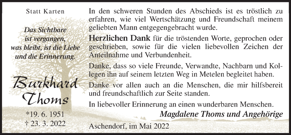  Traueranzeige für Burkhard Thoms vom 14.05.2022 aus Neue Osnabrücker Zeitung GmbH & Co. KG