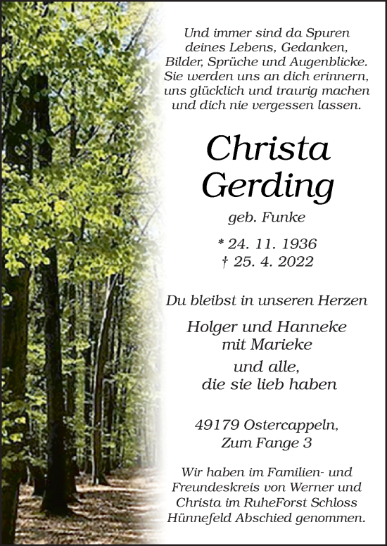 Traueranzeige von Christa Gerding von Neue Osnabrücker Zeitung GmbH & Co. KG