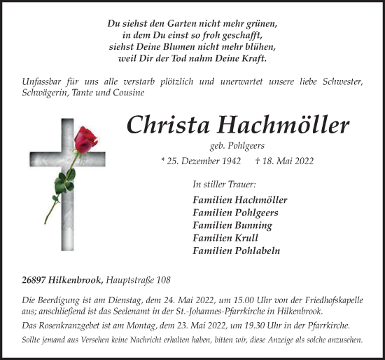 Traueranzeige von Christa Hachmöller von Neue Osnabrücker Zeitung GmbH & Co. KG