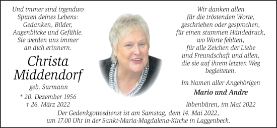 Traueranzeige von Christa Middendorf von Neue Osnabrücker Zeitung GmbH & Co. KG