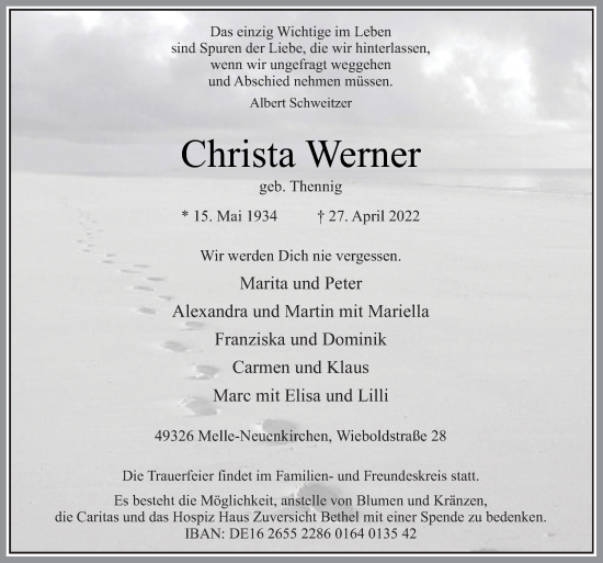 Traueranzeige von Christa Werner von Neue Osnabrücker Zeitung GmbH & Co. KG