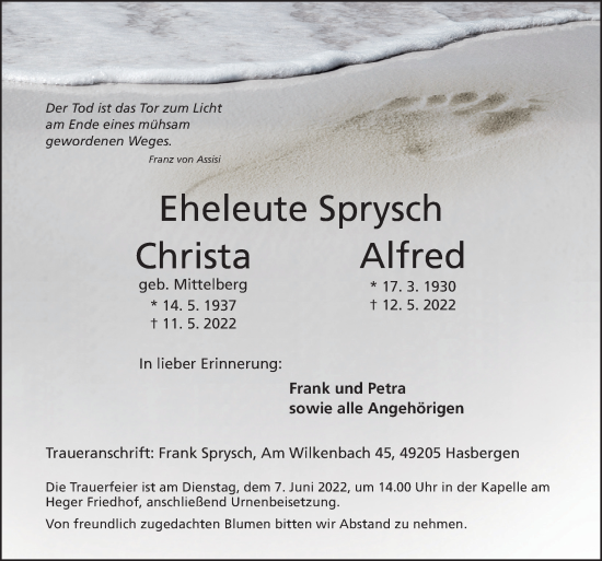 Traueranzeige von Christa und Alfred Sprysch von Neue Osnabrücker Zeitung GmbH & Co. KG