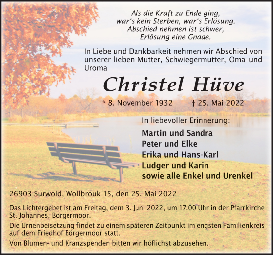 Traueranzeige von Christel Hüve von Neue Osnabrücker Zeitung GmbH &amp; Co. KG