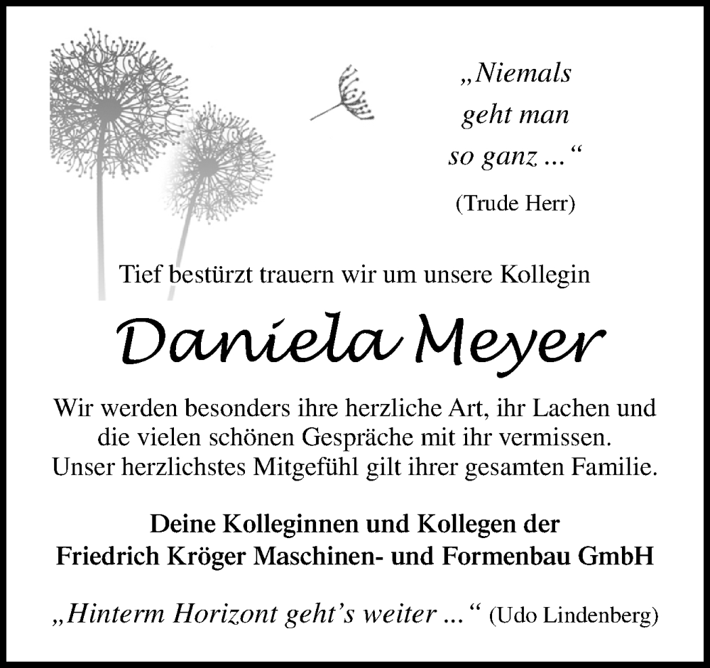  Traueranzeige für Daniela Meyer vom 07.05.2022 aus Neue Osnabrücker Zeitung GmbH & Co. KG