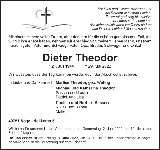 Traueranzeige von Dieter Theodor von Neue Osnabrücker Zeitung GmbH & Co. KG