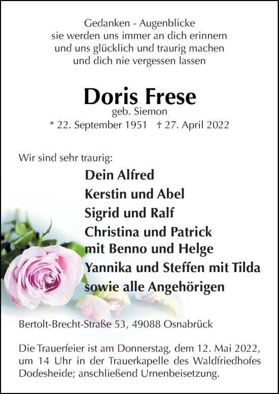 Traueranzeige von Doris Frese von Neue Osnabrücker Zeitung GmbH & Co. KG