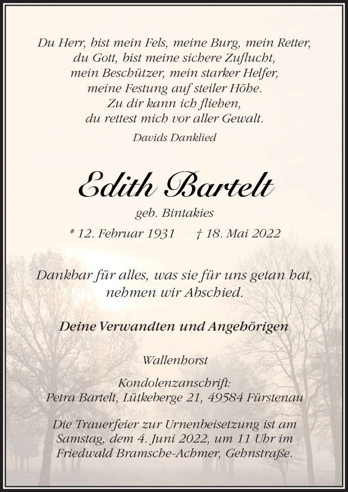  Traueranzeige für Edith Bartelt vom 28.05.2022 aus Neue Osnabrücker Zeitung GmbH & Co. KG