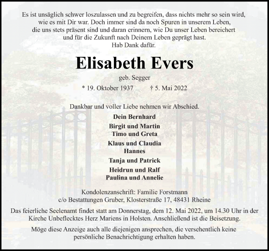 Traueranzeige von Elisabeth Evers von Neue Osnabrücker Zeitung GmbH & Co. KG