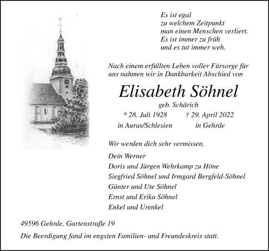 Traueranzeige von Elisabeth Söhnel von Neue Osnabrücker Zeitung GmbH & Co. KG