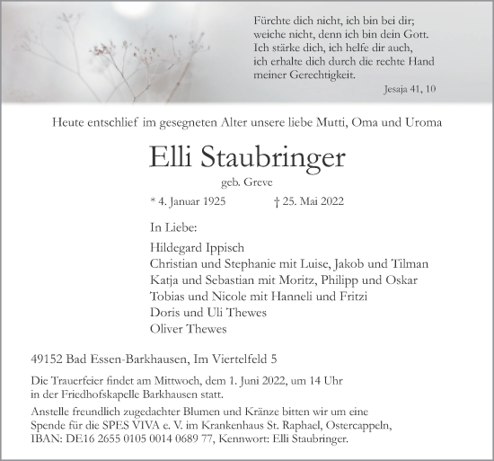 Traueranzeige von Elli Staubringer von Neue Osnabrücker Zeitung GmbH & Co. KG