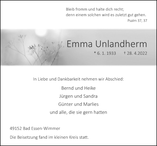 Traueranzeige von Emma Unlandherm von Neue Osnabrücker Zeitung GmbH & Co. KG