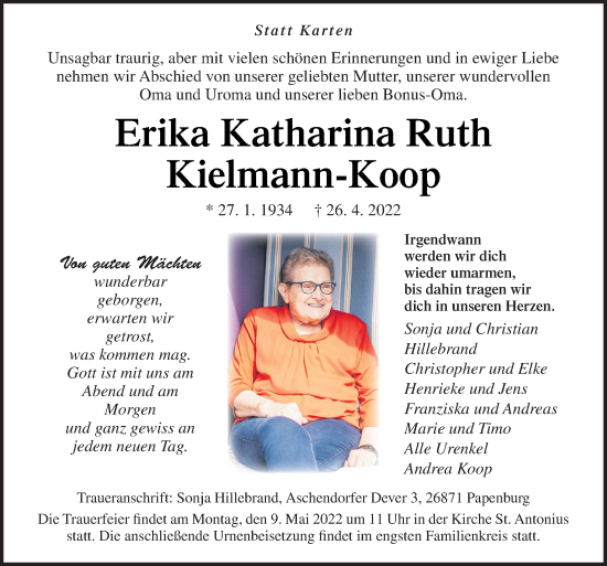 Traueranzeige von Erika Katharina Ruth Kielmann-Koop von Neue Osnabrücker Zeitung GmbH & Co. KG