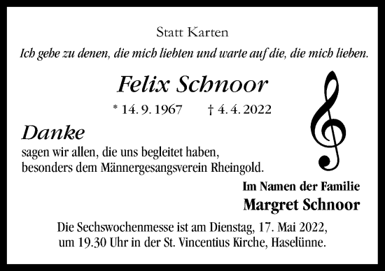 Traueranzeige von Felix Schnoor von Neue Osnabrücker Zeitung GmbH & Co. KG