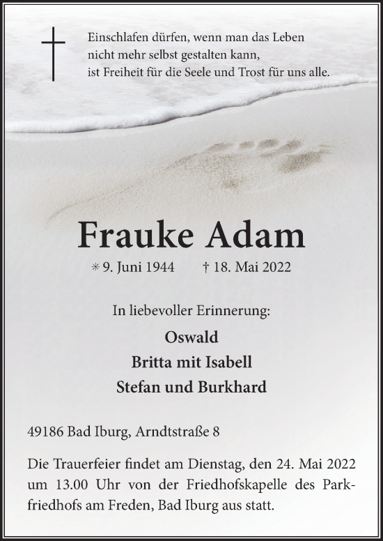 Traueranzeige von Frauke Adam von Neue Osnabrücker Zeitung GmbH & Co. KG
