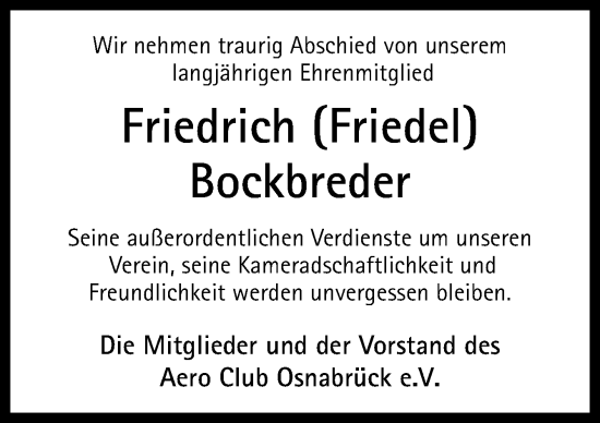 Traueranzeige von Friedrich Bockbreder von Neue Osnabrücker Zeitung GmbH & Co. KG