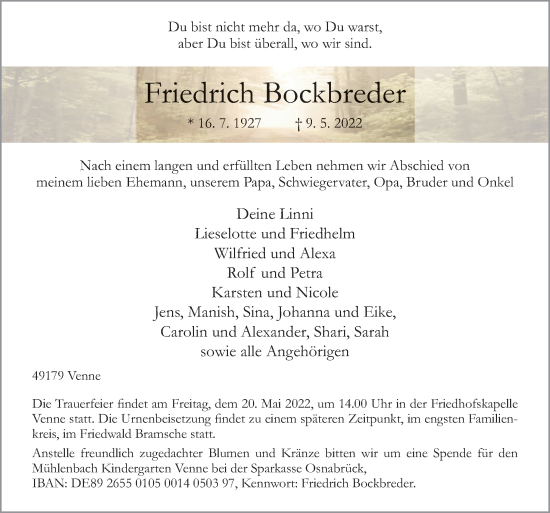 Traueranzeige von Friedrich Bockbreder von Neue Osnabrücker Zeitung GmbH & Co. KG