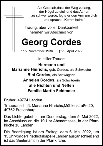 Traueranzeige von Georg Cordes von Neue Osnabrücker Zeitung GmbH & Co. KG