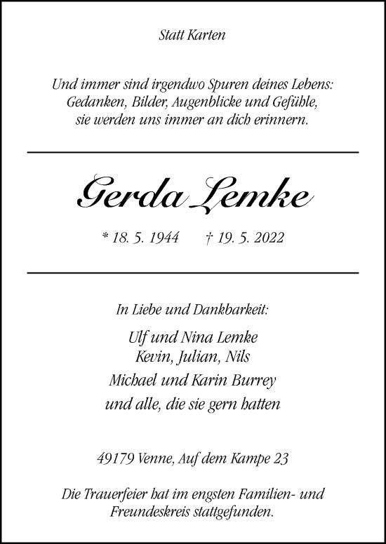 Traueranzeige von Gerda Lemke von Neue Osnabrücker Zeitung GmbH & Co. KG