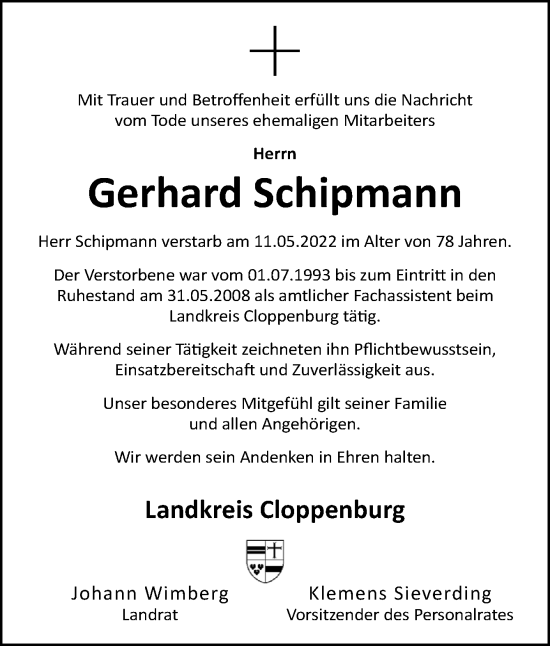 Traueranzeige von Gerhard Schipmann von Neue Osnabrücker Zeitung GmbH & Co. KG