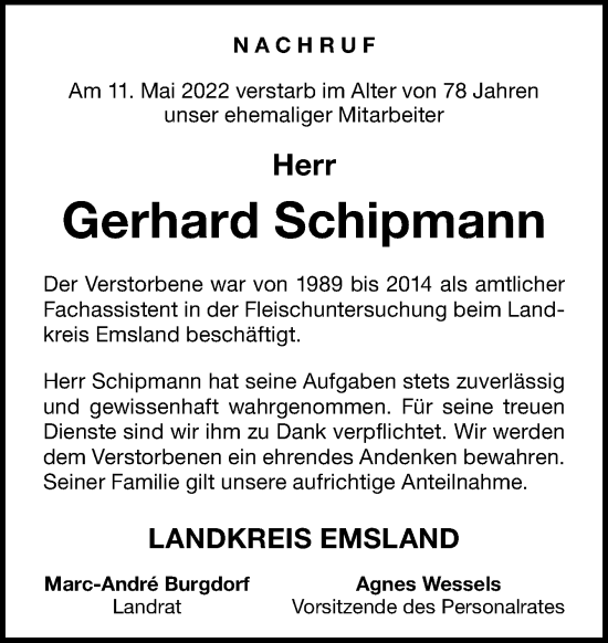 Traueranzeige von Gerhard Schipmann von Neue Osnabrücker Zeitung GmbH & Co. KG