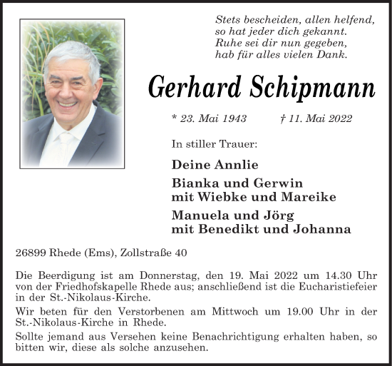 Traueranzeige von Gerhard Schipmann von Neue Osnabrücker Zeitung GmbH & Co. KG