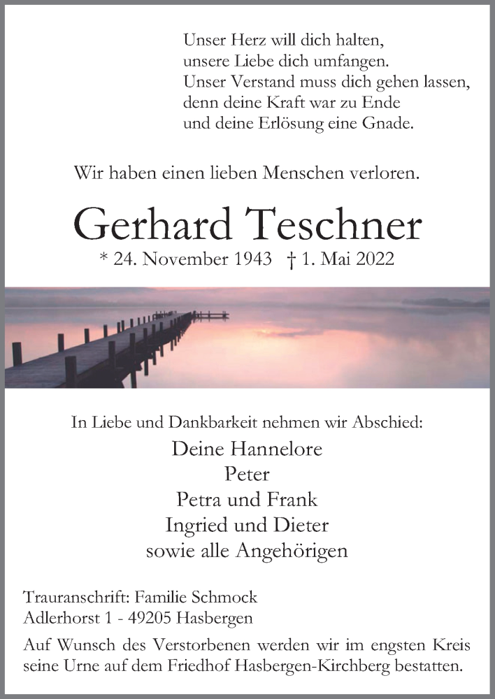  Traueranzeige für Gerhard Teschner vom 14.05.2022 aus Neue Osnabrücker Zeitung GmbH & Co. KG