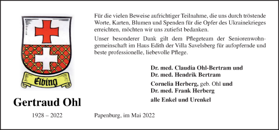 Traueranzeige von Gertraud Ohl von Neue Osnabrücker Zeitung GmbH & Co. KG