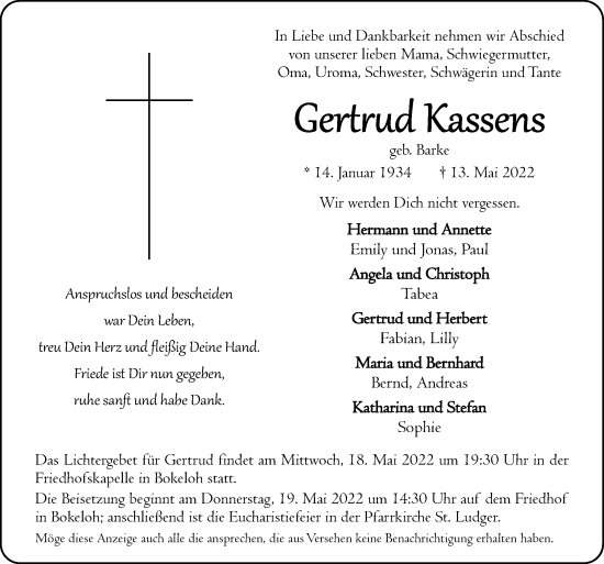 Traueranzeige von Gertrud Kassens von Neue Osnabrücker Zeitung GmbH & Co. KG