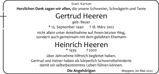 Traueranzeige von Gertrud und Heinrich Heeren von Neue Osnabrücker Zeitung GmbH & Co. KG