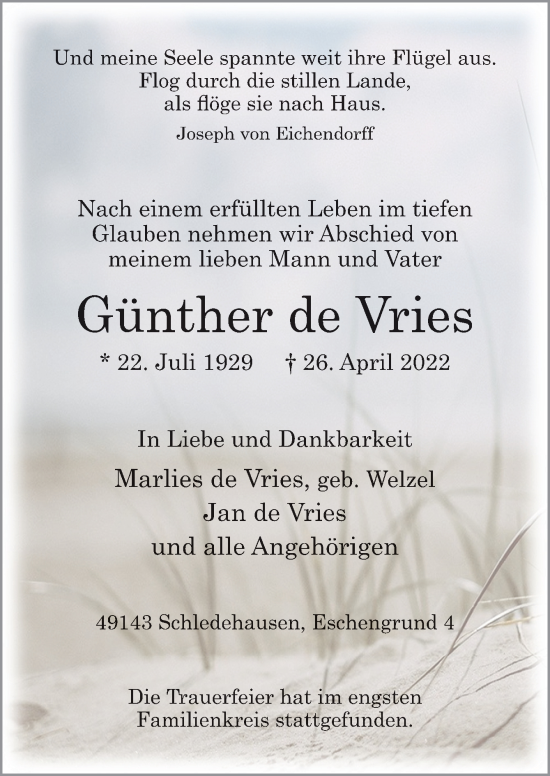 Traueranzeige von Günther de Vries von Neue Osnabrücker Zeitung GmbH & Co. KG