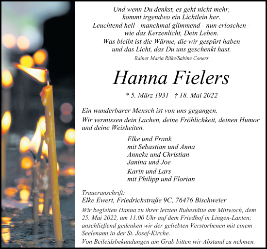 Traueranzeige von Hanna Fielers von Neue Osnabrücker Zeitung GmbH & Co. KG
