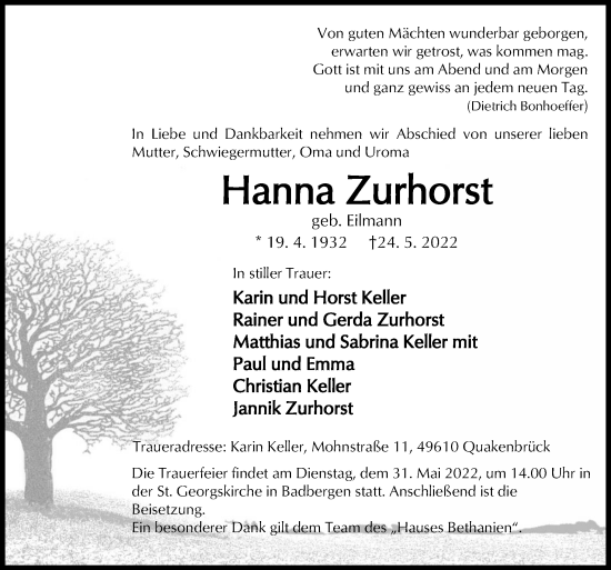Traueranzeige von Hanna Zurhorst von Neue Osnabrücker Zeitung GmbH &amp; Co. KG