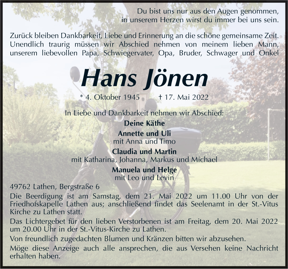  Traueranzeige für Hans Jönen vom 20.05.2022 aus Neue Osnabrücker Zeitung GmbH & Co. KG