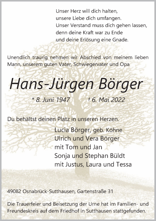 Traueranzeige von Hans-Jürgen Börger von Neue Osnabrücker Zeitung GmbH & Co. KG