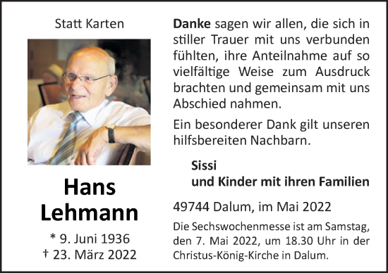 Traueranzeige von Hans Lehmann von Neue Osnabrücker Zeitung GmbH & Co. KG