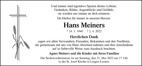 Traueranzeige von Hans Meiners von Neue Osnabrücker Zeitung GmbH & Co. KG