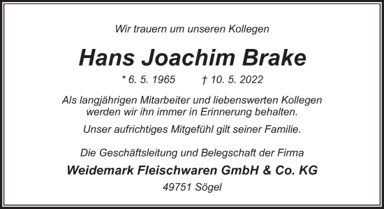 Traueranzeige von Hans Joachim Brake von Neue Osnabrücker Zeitung GmbH & Co. KG