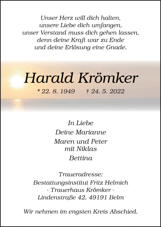Traueranzeige von Harald Krömker von Neue Osnabrücker Zeitung GmbH &amp; Co. KG