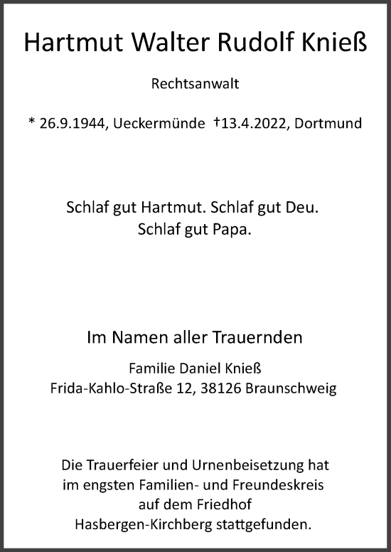 Traueranzeige von Hartmut Walter Rudolf Knieß von Neue Osnabrücker Zeitung GmbH & Co. KG