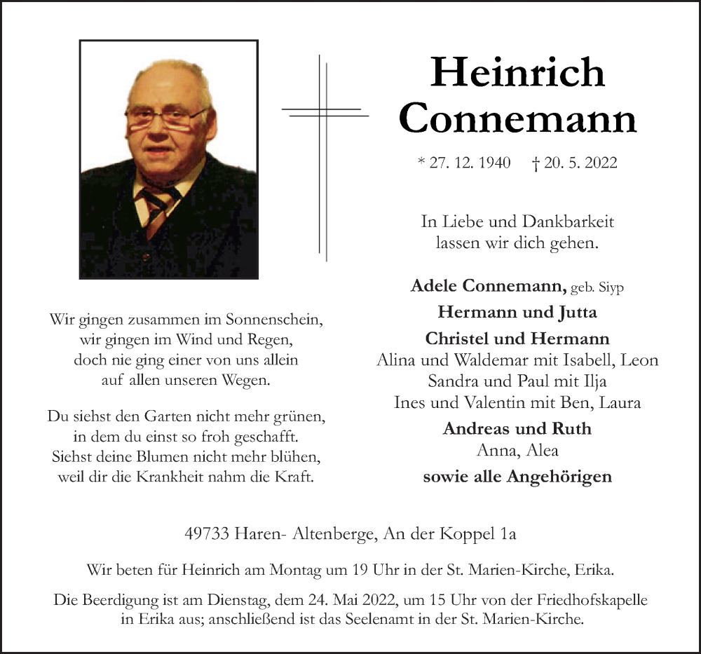  Traueranzeige für Heinrich Connemann vom 21.05.2022 aus Neue Osnabrücker Zeitung GmbH & Co. KG